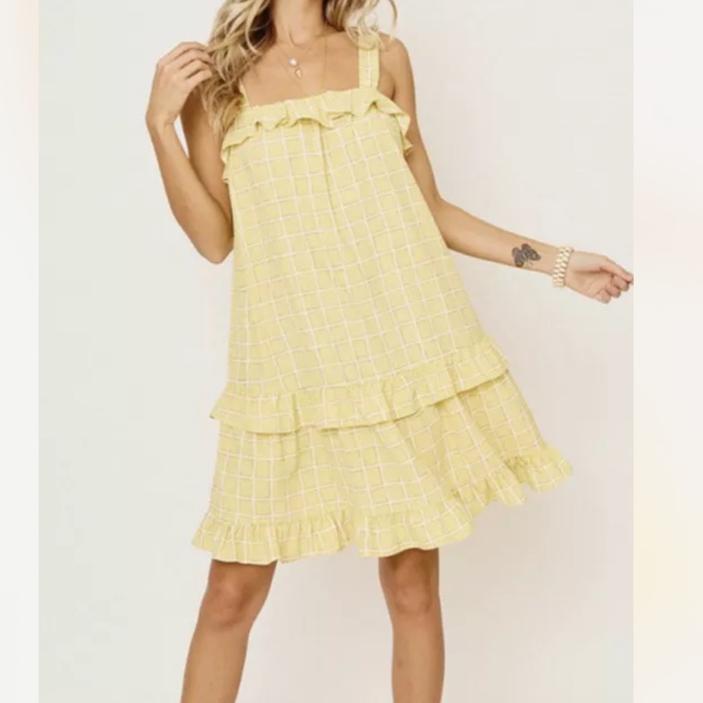 New Ces femme ruffle mini dress plaid yellow S M L